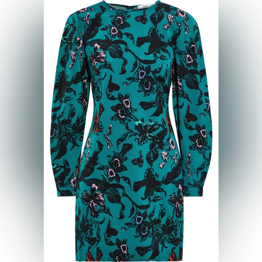 Diane Von Furstenberg Collins Green Floral Satin Sheath Dress Butterfly Mini 2